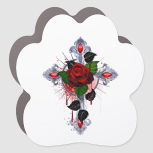 Silver Cross with a Red Rose Car Magnet