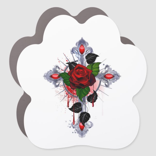 Silver Cross with a Red Rose Car Magnet (Front)