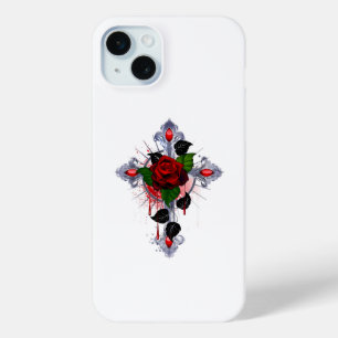 Silver Cross with a Red Rose iPhone 15 Plus Case