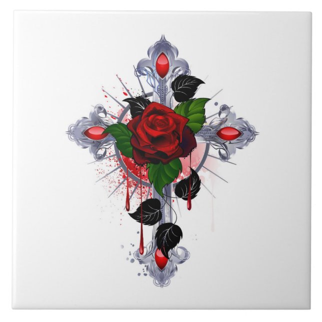 Silver Cross with a Red Rose Ceramic Tile (Front)
