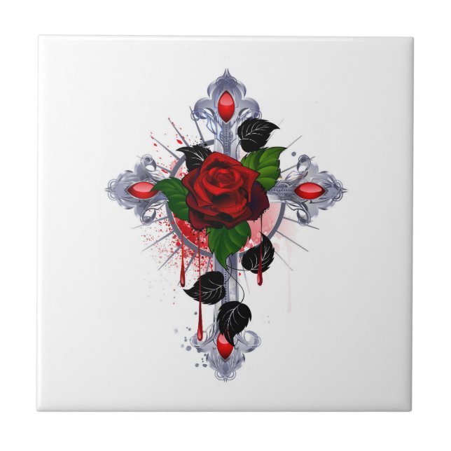 Silver Cross with a Red Rose Ceramic Tile (Front)