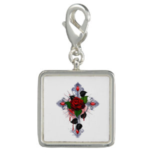 Silver Cross with a Red Rose Charm