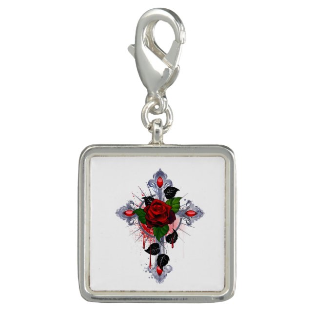 Silver Cross with a Red Rose Charm (Front)