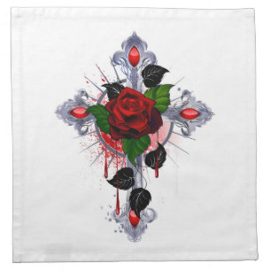 Silver Cross with a Red Rose Cloth Napkin