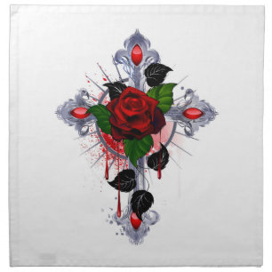 Silver Cross with a Red Rose Cloth Napkin