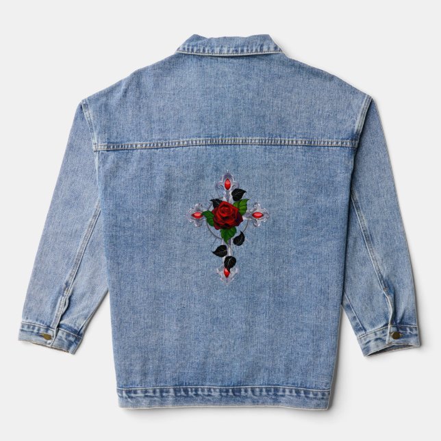Silver Cross with a Red Rose Denim Jacket (Back)
