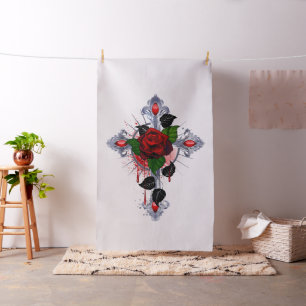 Silver Cross with a Red Rose Fabric