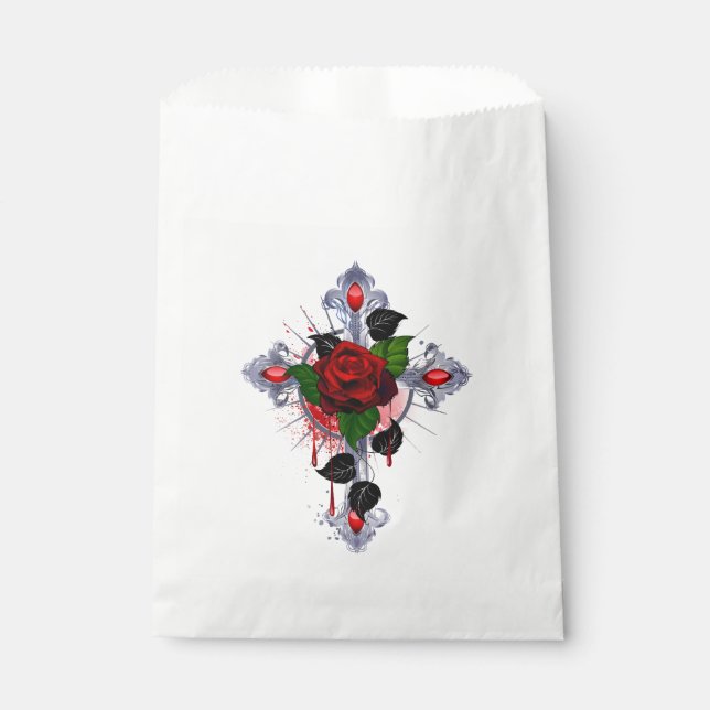 Silver Cross with a Red Rose Favor Bag (Front)
