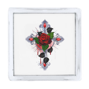 Silver Cross with a Red Rose Finish Lapel Pin