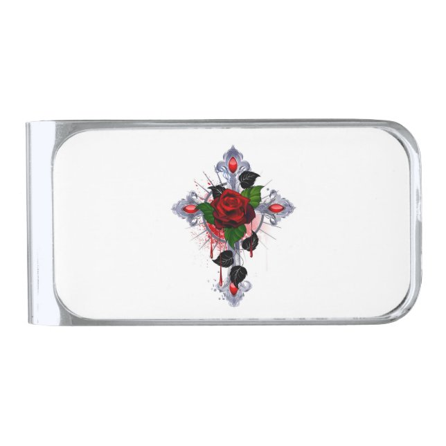 Silver Cross with a Red Rose Finish Money Clip (Front)
