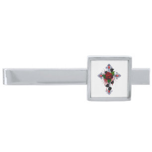 Silver Cross with a Red Rose Finish Tie Bar