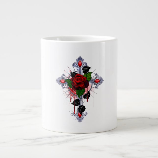 Silver Cross with a Red Rose Giant Coffee Mug (Front)