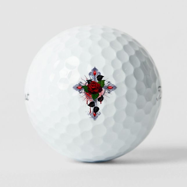 Silver Cross with a Red Rose Golf Balls (Front)