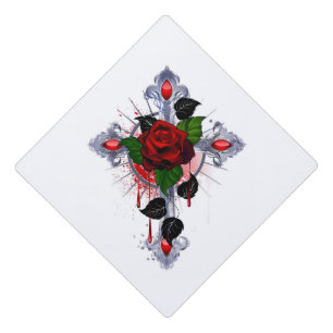 Silver Cross with a Red Rose Graduation Cap Topper