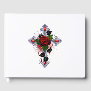 Silver Cross with a Red Rose Guest Book