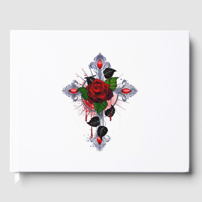 Silver Cross with a Red Rose Guest Book (Front)