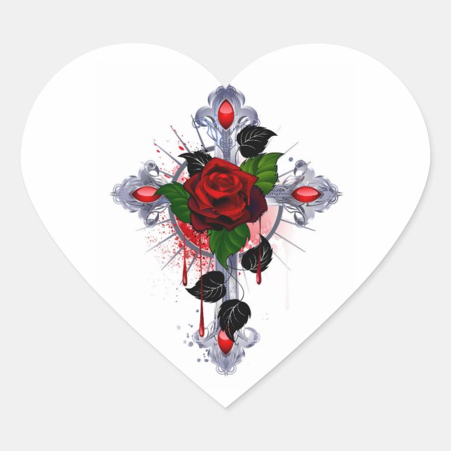 Silver Cross with a Red Rose Heart Sticker (Front)