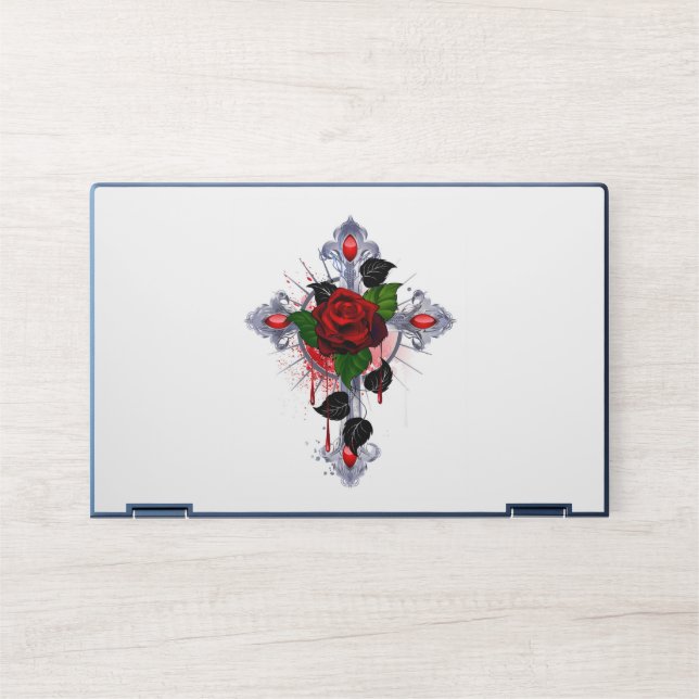 Silver Cross with a Red Rose HP Laptop Skin (Front)