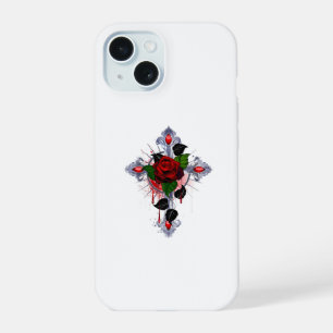 Silver Cross with a Red Rose iPhone 15 Case