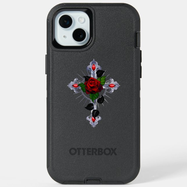 Silver Cross with a Red Rose iPhone 15 Plus Case (Back)