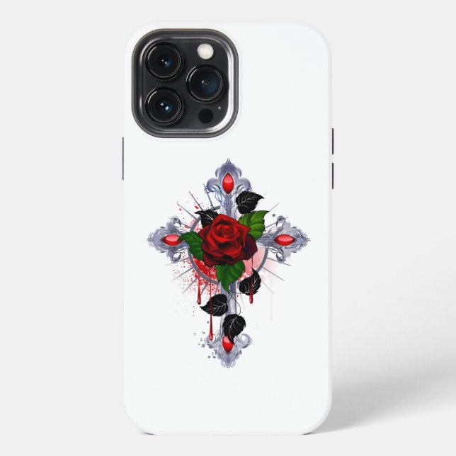 Silver Cross with a Red Rose Iphone Case (Back)