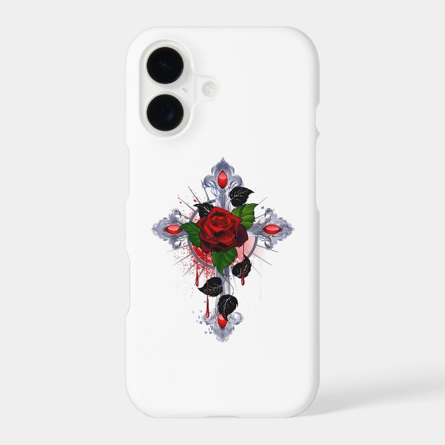 Silver Cross with a Red Rose iPhone Case (Back)