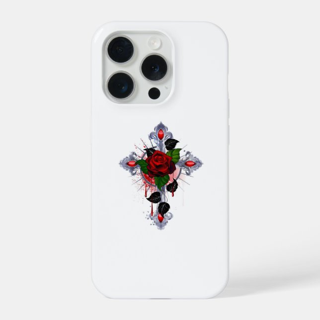 Silver Cross with a Red Rose iPhone Case (Back)