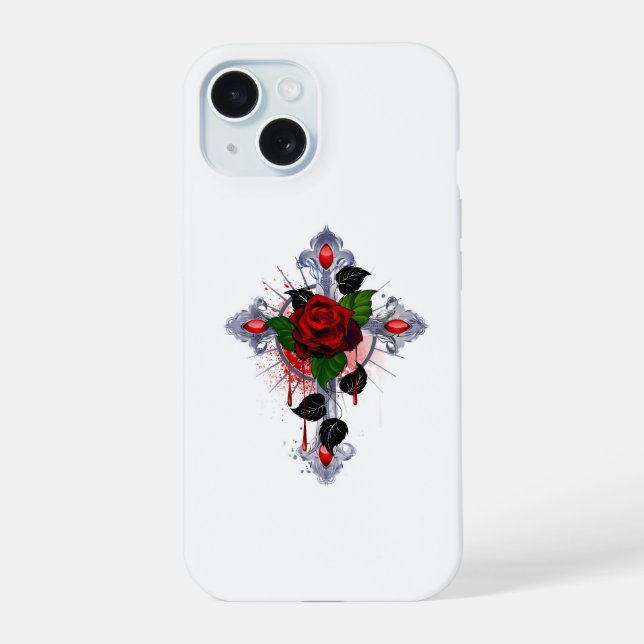 Silver Cross with a Red Rose Iphone Case (Back)