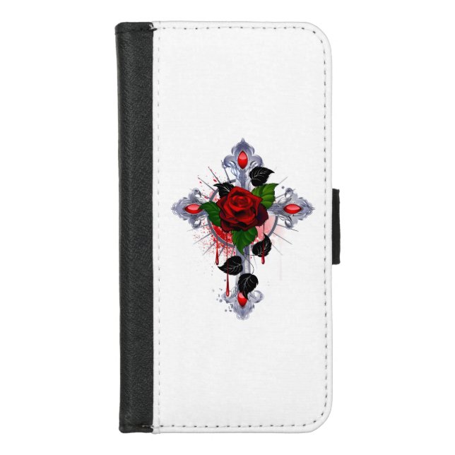 Silver Cross with a Red Rose iPhone Wallet Case (Front)