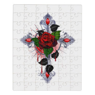 Silver Cross with a Red Rose Jigsaw Puzzle
