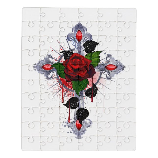 Silver Cross with a Red Rose Jigsaw Puzzle (Puzzle Vertical)