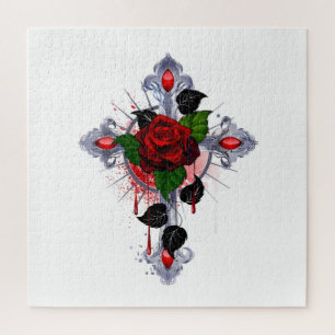 Silver Cross with a Red Rose Jigsaw Puzzle