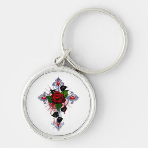 Silver Cross with a Red Rose Keychain