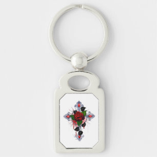 Silver Cross with a Red Rose Keychain