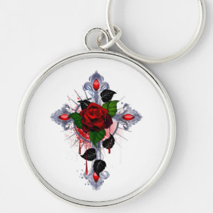 Silver Cross with a Red Rose Keychain