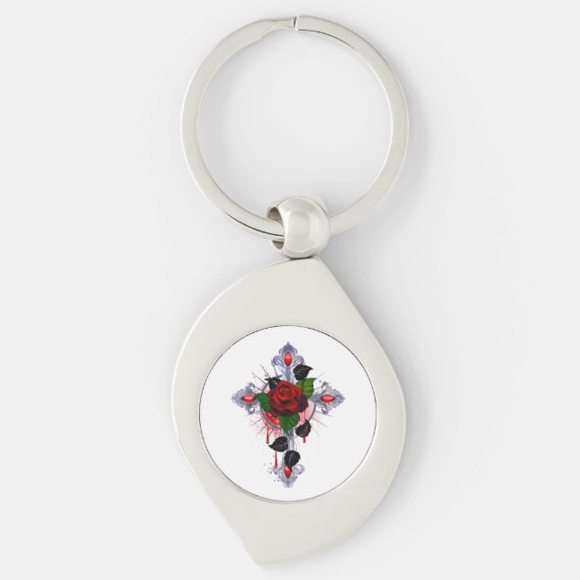 Silver Cross with a Red Rose Keychain (Front)