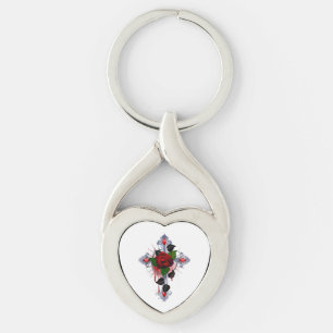 Silver Cross with a Red Rose Keychain