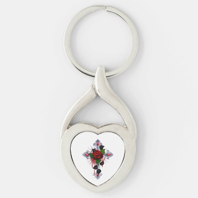 Silver Cross with a Red Rose Keychain (Front)