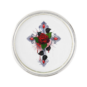 Silver Cross with a Red Rose Lapel Pin
