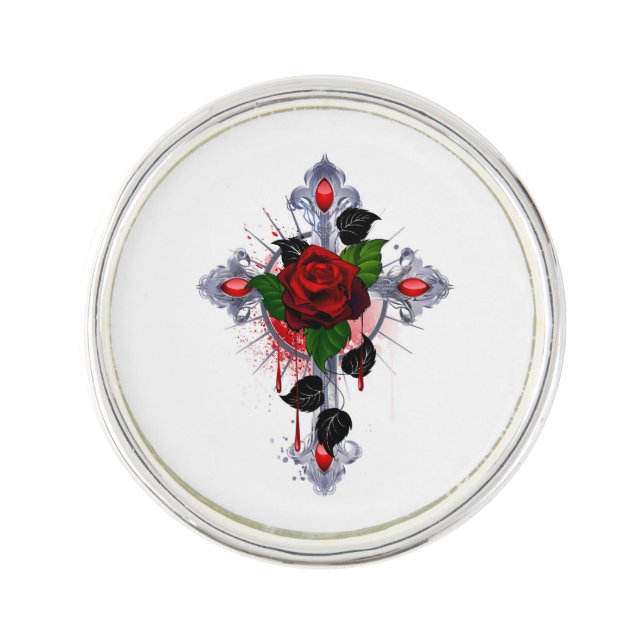 Silver Cross with a Red Rose Lapel Pin (Front)