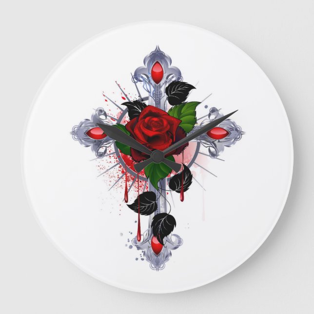 Silver Cross with a Red Rose Large Clock (Front)