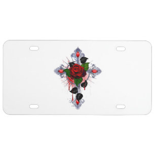 Silver Cross with a Red Rose License Plate