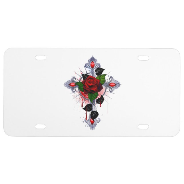 Silver Cross with a Red Rose License Plate (Front)