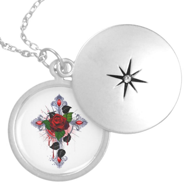 Silver Cross with a Red Rose Locket Necklace (Front)