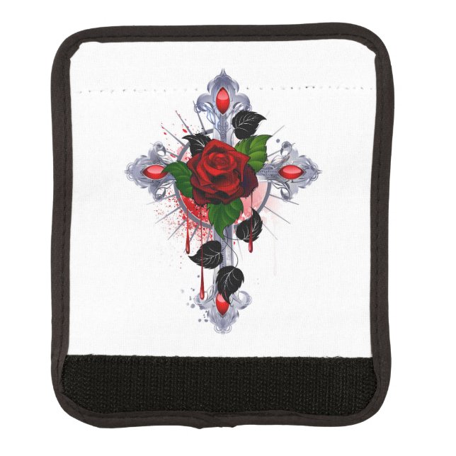 Silver Cross with a Red Rose Luggage Handle Wrap (Front)