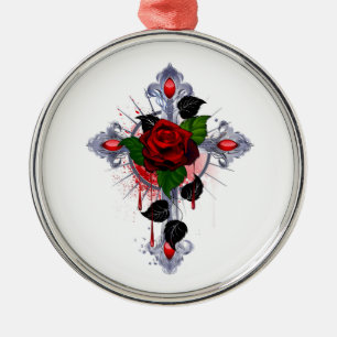 Silver Cross with a Red Rose Metal Ornament