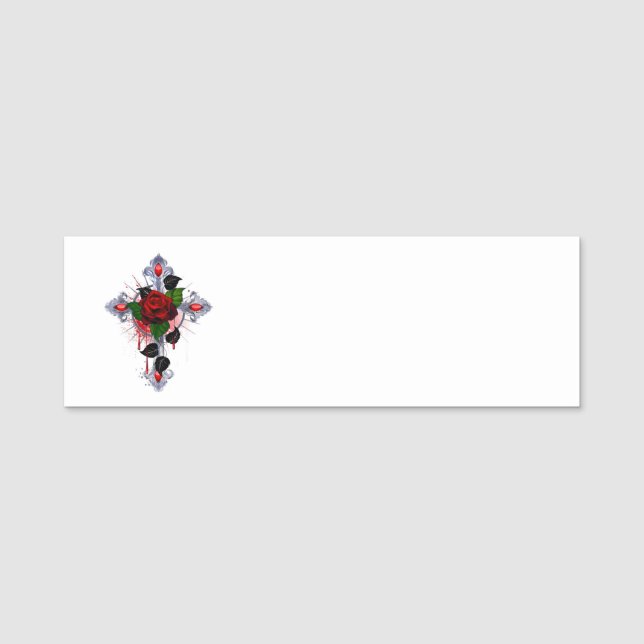 Silver Cross with a Red Rose Name Tag (Front)