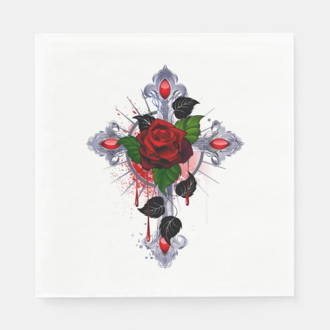 Silver Cross with a Red Rose Napkins (Front)