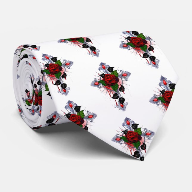 Silver Cross with a Red Rose Neck Tie (Rolled)