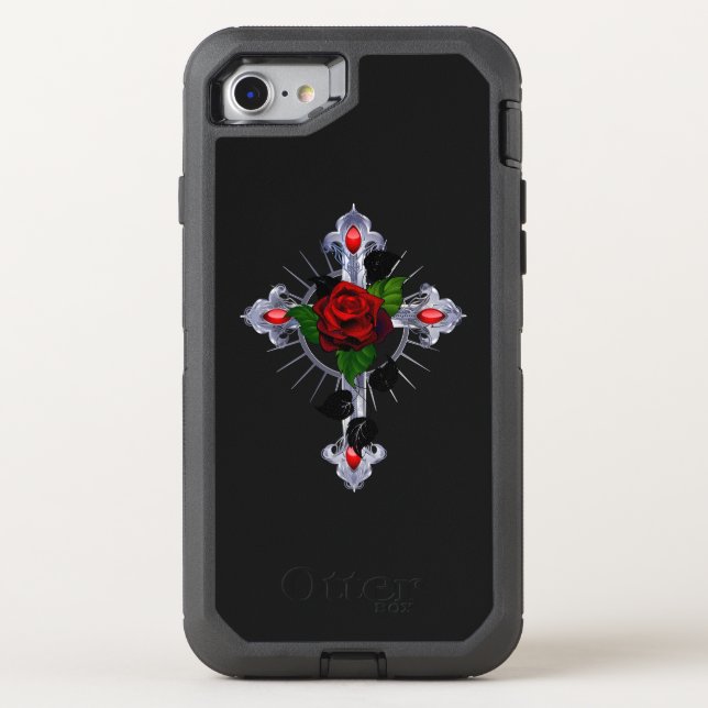 Silver Cross with a Red Rose Otterbox iPhone Case (Back)